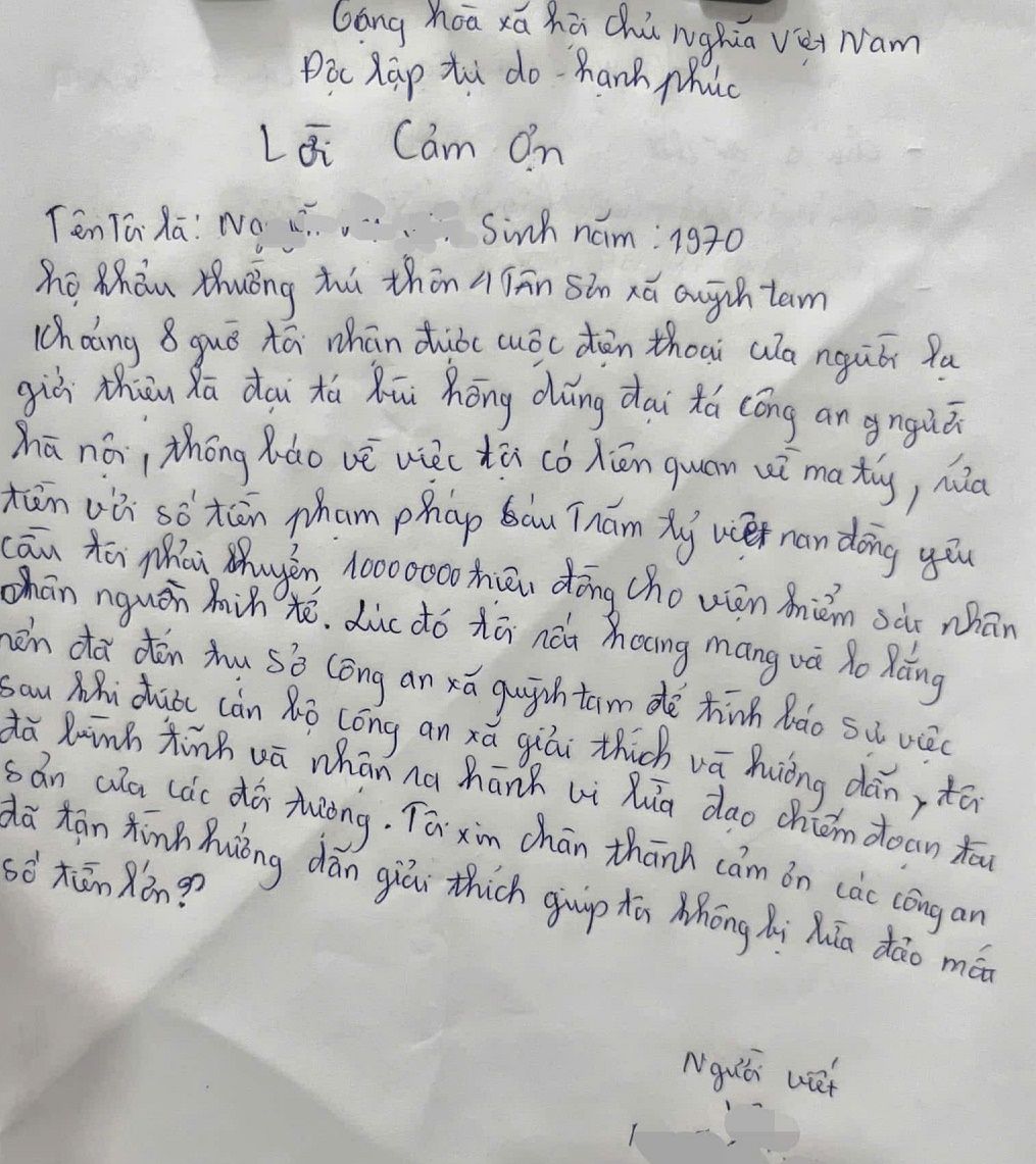 Hiểu ra được bản chất sự việc và giữ được tài sản, Chị Y rất cảm kích và viết thư cảm ơn lực lượng Công an. Ảnh Công an tỉnh Nghệ An