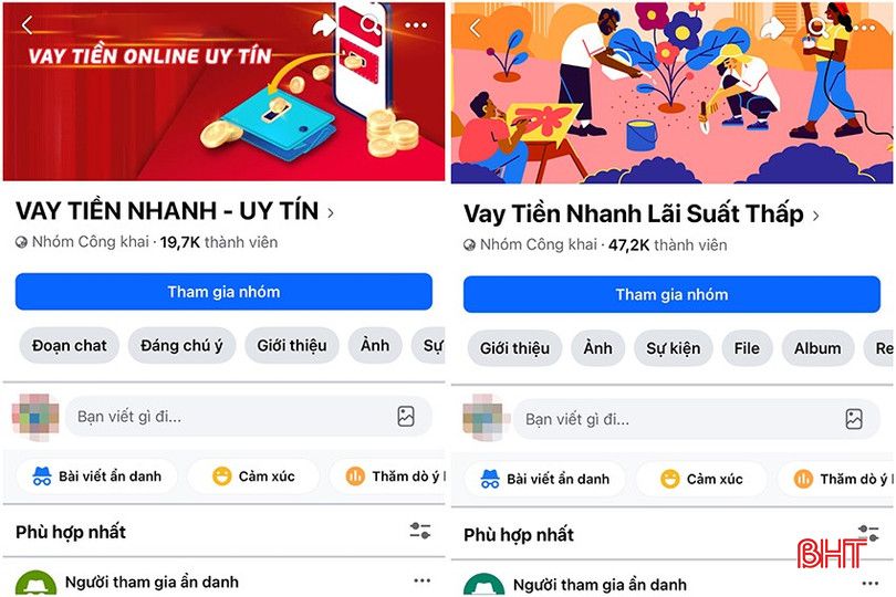 Các hội nhóm vay tiền trên Facebook với rất nhiều người tham gia. Ảnh Báo Hà Tĩnh