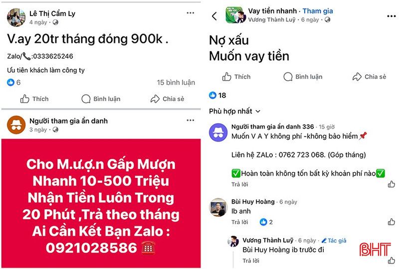 Hoạt động vay tiền online ở các nhóm trên Faebook diễn ra khá rầm rộ.Ảnh Báo Hà Tĩnh