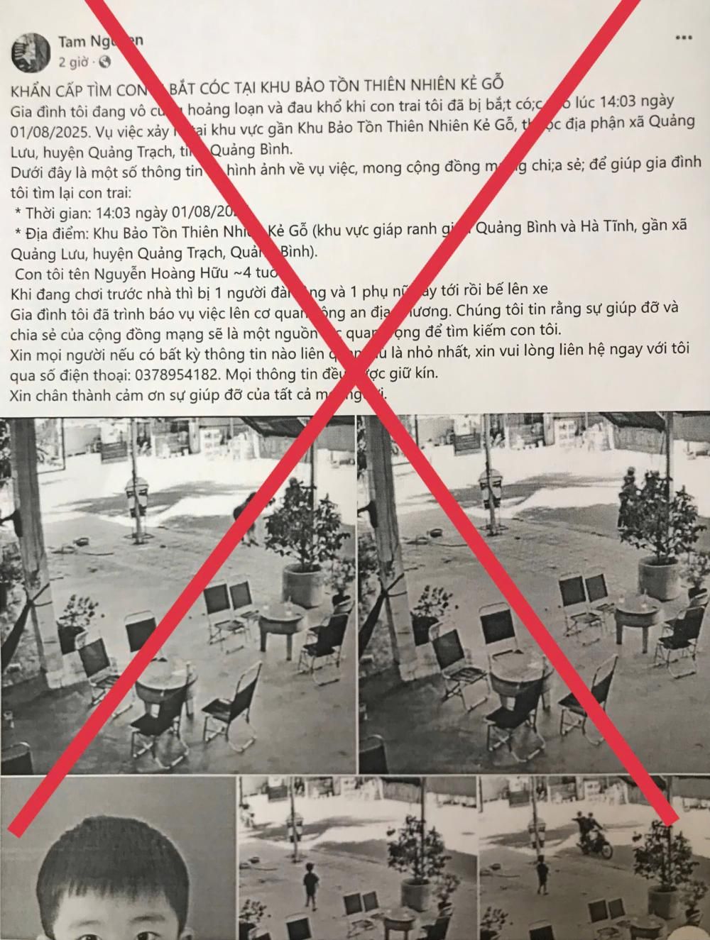 Thông tin thất thiệt vụ bắt cóc trẻ em được đăng tải trên mạng xã hội - Ảnh: Công an cung cấp