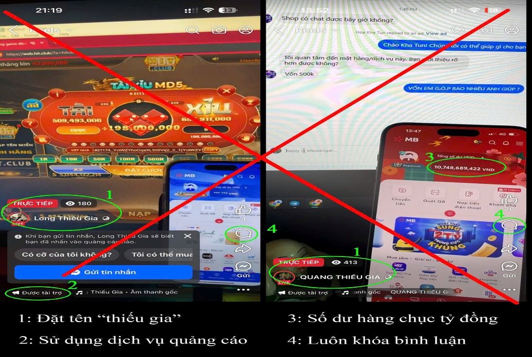 Các đối tượng sử dụng các các trang mạng xã hội để Livestream quảng cáo các “Game đổi thưởng” thực hiện hoạt động cờ bạc trá hình trên không gian mạng