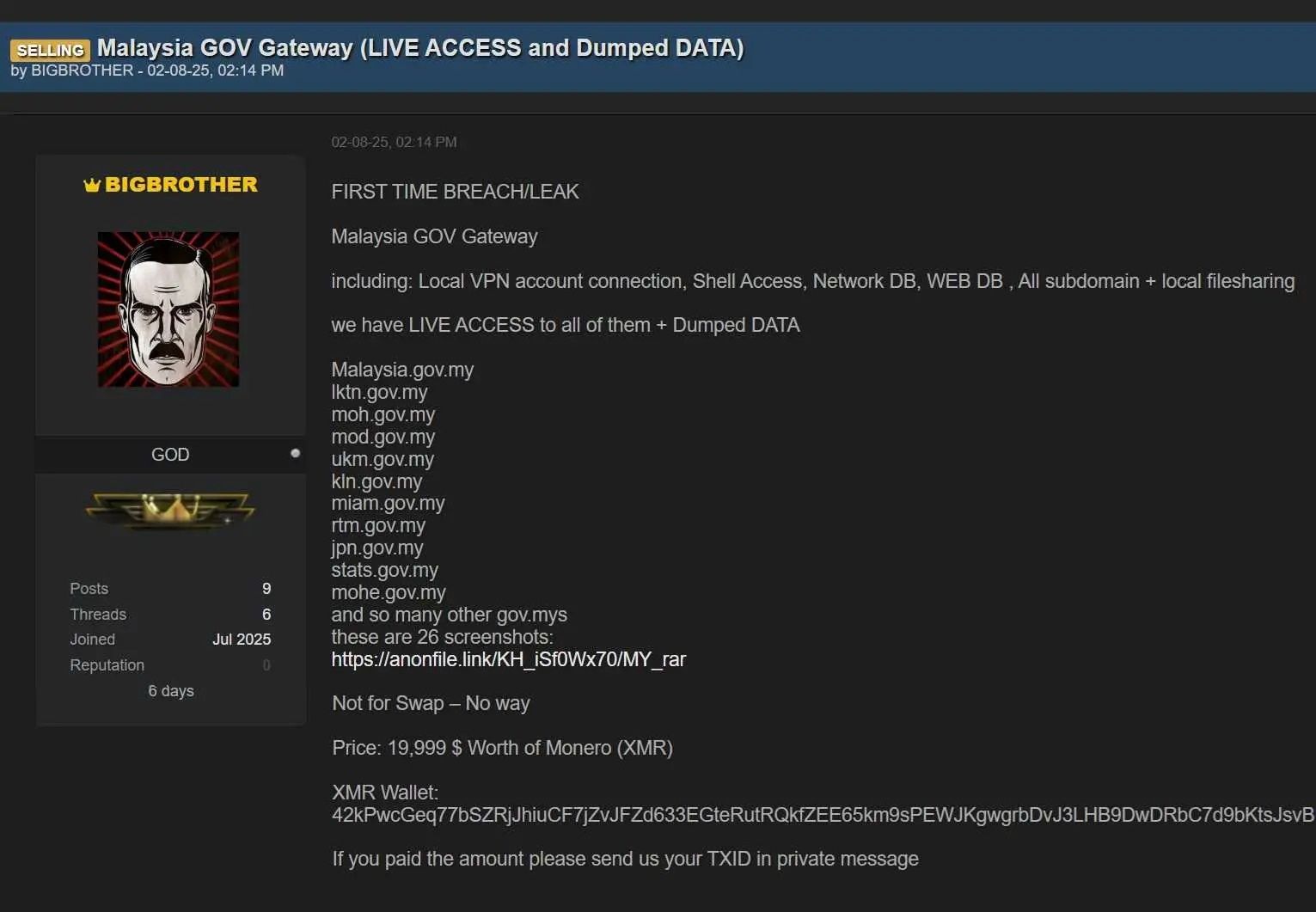 Tin tặc tuyên bố đã đột nhập vào hơn một chục trang web của chính phủ Malaysia và rao bán dữ liệu. Ảnh MalaysiaNow