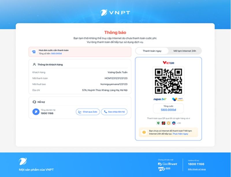Giao diện website khi truy cập để biết số tiền cước và thanh toán.