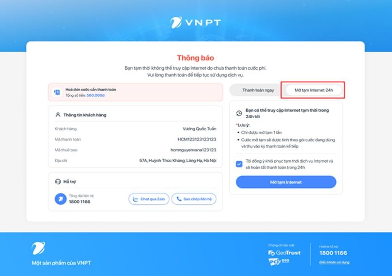Giao diện website truy cập để gia hạn tạm thời 24h trước khi hoàn thiện thanh toán
