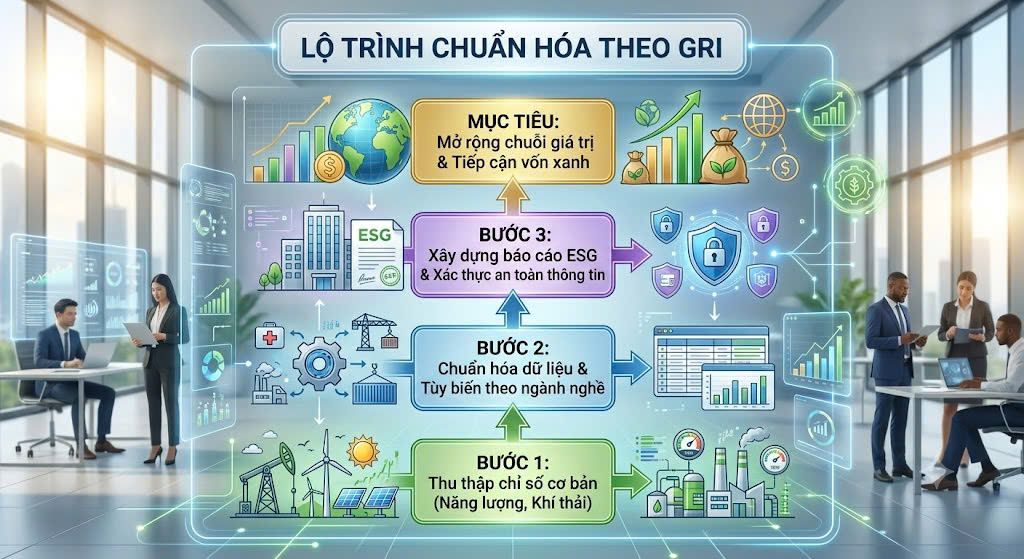 Lộ trình chuẩn hoá theo GRI (ảnh do AI tạo ra)